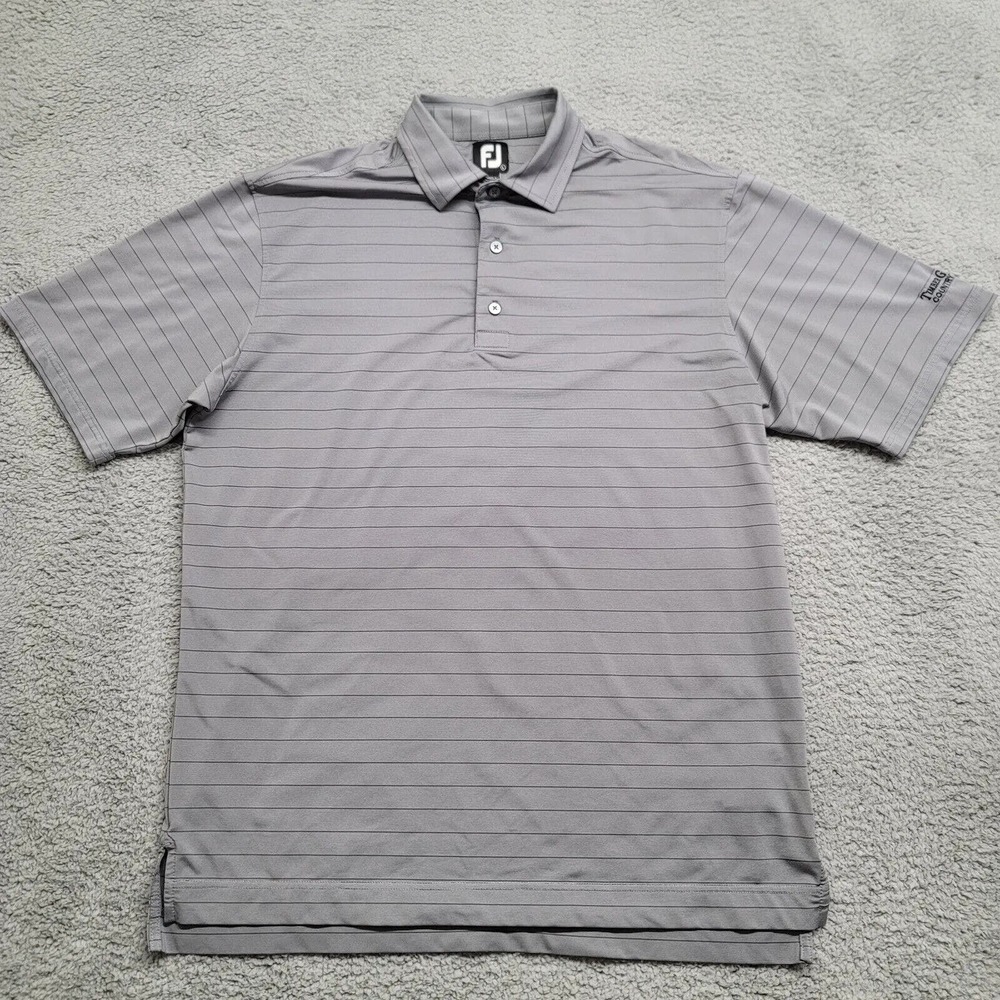 FJ Foot Joy Shirt Mens Large Gray Striped Performance Golf Activewear‎ Polo Logo